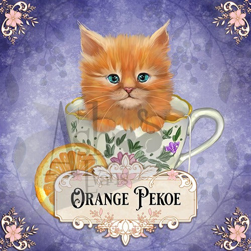 orange kitten sitting in a fancy floral teacup with an orange wedge on the side