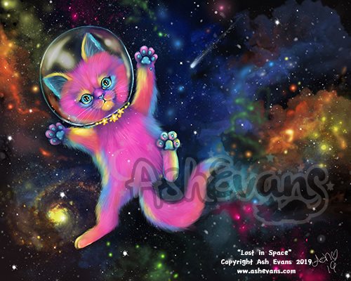 pink cat in astronaut helmet floats in space with colorful nebulas