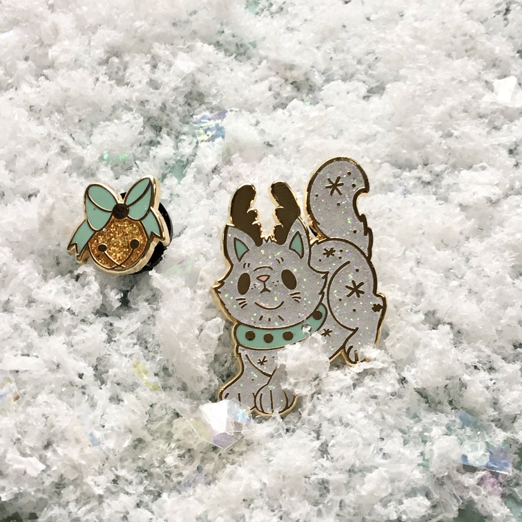 Snowball the reindeer cat pin set Ash Evans 